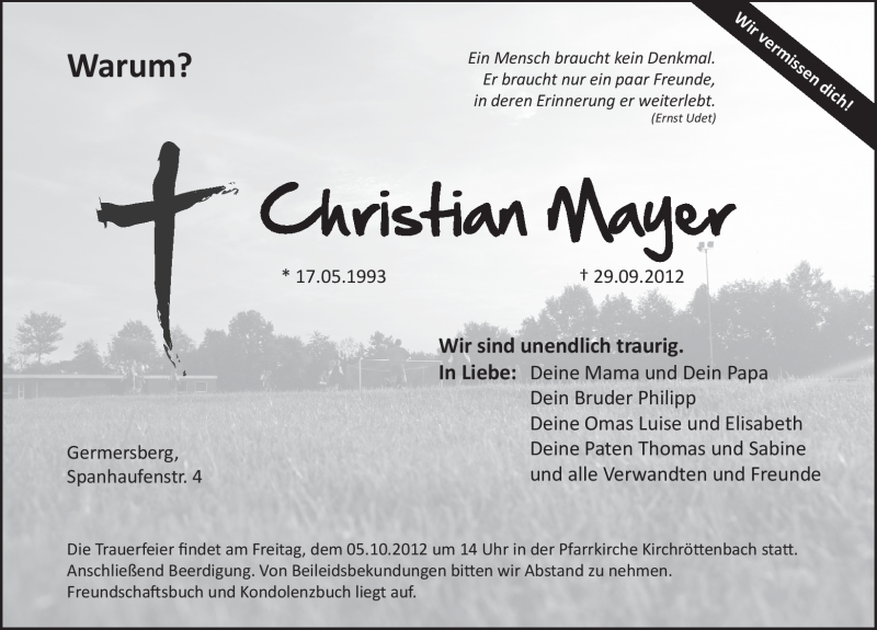  Traueranzeige für Christian Mayer vom 03.10.2012 aus Pegnitz-Zeitung